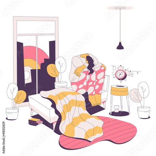 Sad and depressed woman with insomnia unable to wake up in the morning. Vector concept character in bedroom interior drawn with pink and yellow with alarm clock ringing