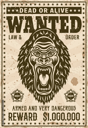 Gorilla head with angry grin wanted poster in vintage style vector illustration
