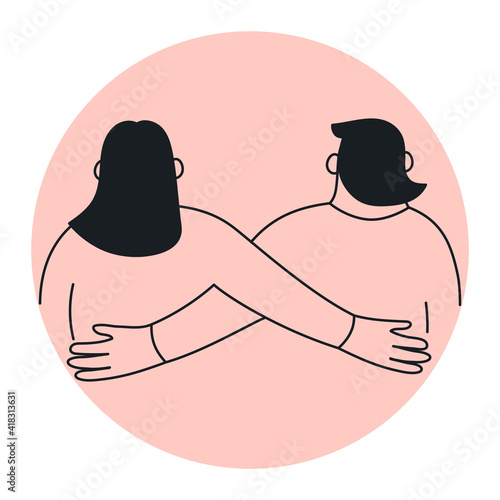 Friendship, support, romance and care, relationship. The couple hugs each other. Thin outline vector illustration on white.