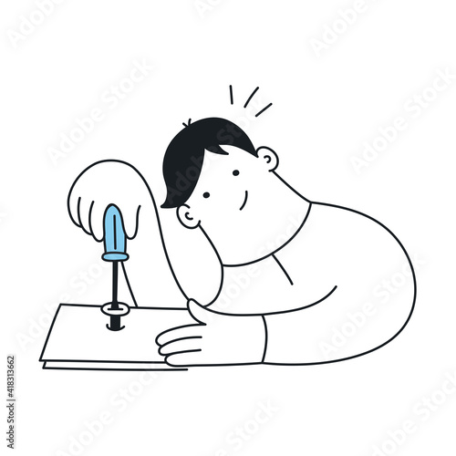 Fixing, repairing, mending. The cute cartoon man is fixing something with a screwdriver. Thin linear vector illustration on white background.