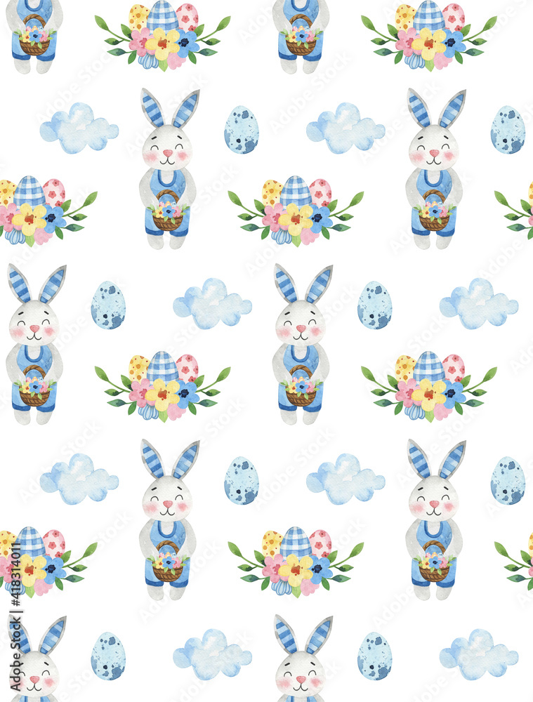 Fototapeta premium Seamless Easter pattern, Easter bunnies, pattern for textiles, cards, watercolor illustration