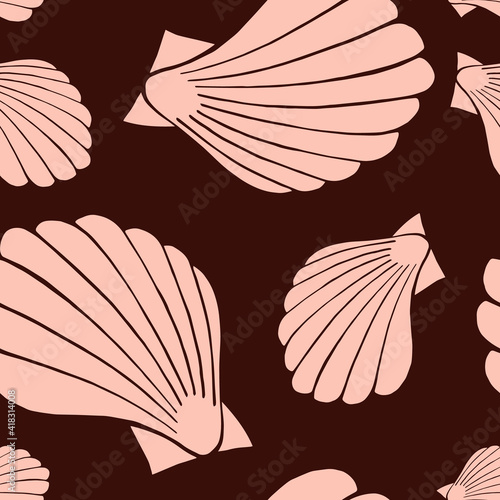 Trendy flat silhouette sea shells seamless pattern for fabric, textile, apparel, cloth, interior, stationery, package. Modern handmade aquatic endless texture. Tropical ocean shells editable design.