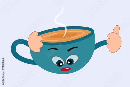 Cartoon cup. Funny mascot, a coffee mug with an anthropomorphic face and hands. Registration of the children's menu of the cafe. Isolated cute tableware. Vector illustration of comic kitchen utensils.