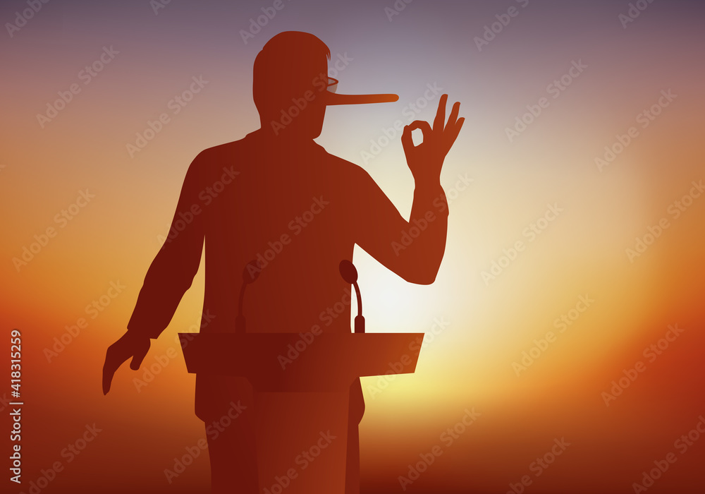 Concept du mensonge et de la tromperie avec un politicien qui voit son nez s’allonger pendant qu’il parle lors d’un meeting.