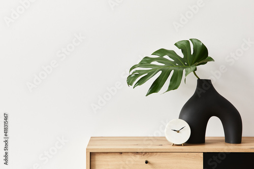 Vászonkép Minimalist concept of living room interior at elegant apartment with wooden commode, leaf in ceramic vase and elegant personal accessories in modern home decor