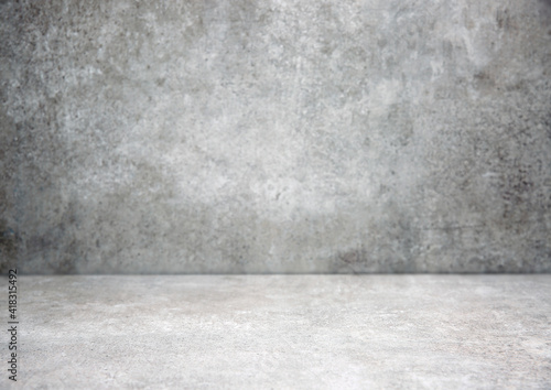 Grey stone grungy stage empty room background free space interior.Cement wall.Advertisement design studio.Modern backdrop.