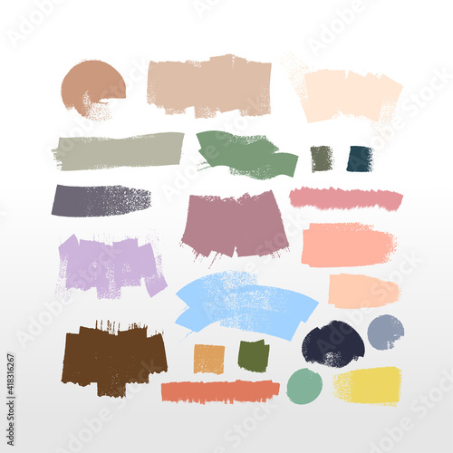Colored paintbrush, brush strokes templates. Set of grunge design elements for social media. Rectangle text boxes or bubbles. Vector dirty distress texture banners for social networks posts and story.