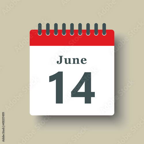Icon day date 14 June, template calendar page