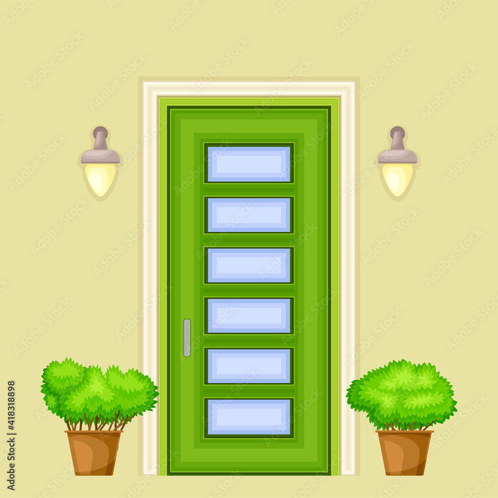 Fototapeta premium Green Single Door Facade Decorated with Green Bushes in Cachepot and Light Vector Illustration