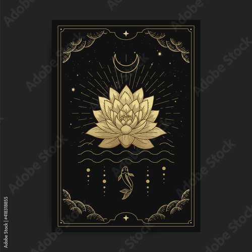 Lotus flowers blooming on the water decorated with the moon and fish, card illustration with esoteric, boho, spiritual, geometric, astrology, magic themes, for tarot reader card or posters