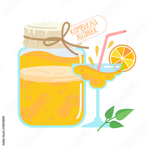 Alcoholic kombucha and cocktail with a citrus slice served in glass. Kombucha tea in glass jar. Cartoon flat vector illustration