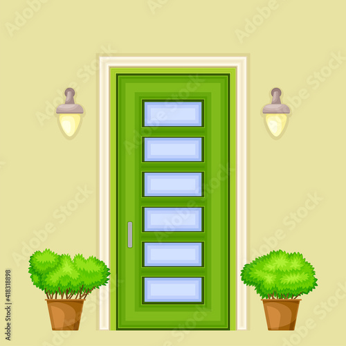 Green Single Door Facade Decorated with Green Bushes in Cachepot and Light Vector Illustration