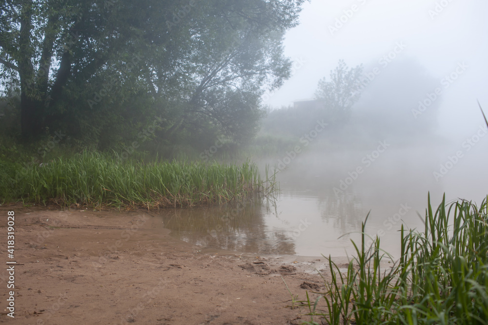 fog in the morning forest on the lake, mystical landscape, summer, green, nature of Russia, Volga river, water fog in the morning forest on the lake, mystical landscape, summer, green, nature of Russia, Volga river, water