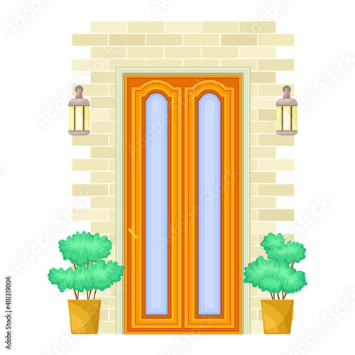Single Door Facade Decorated with Green Bushes in Cachepot and Light Vector Illustration