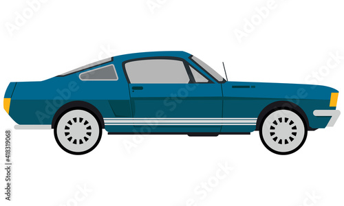 Retro car vector illustration on white background. Clipart Drawing of a flat blue retro car from the side view.