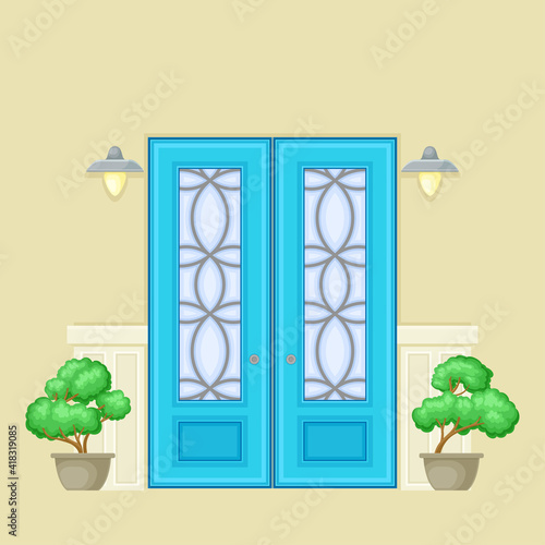 Facade of Front Double Door with Decorative Bushes in Cachepot and Light Vector Illustration