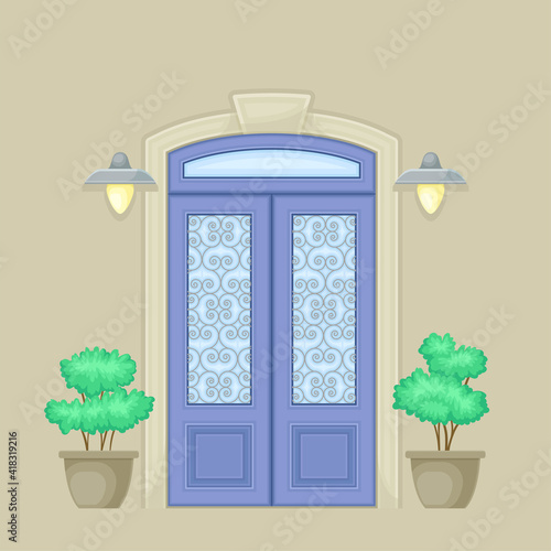 Facade of Front Double Door with Ornamental Windows, Decorative Bushes in Cachepot and Light Vector Illustration