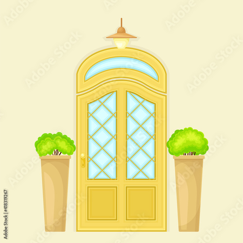 Single Door Facade Decorated with Green Bushes in Cachepot and Light Vector Illustration