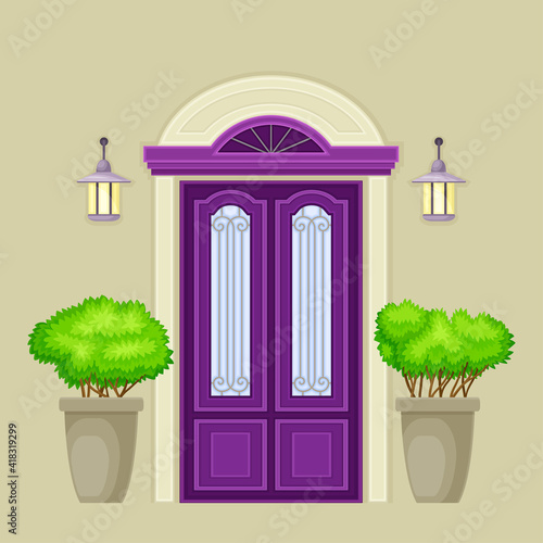 Facade of Purple Front Double Door with Decorative Bushes in Cachepot and Light Vector Illustration