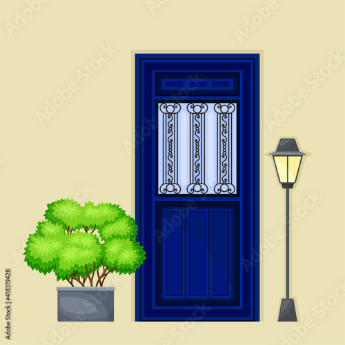 Single Door Facade Decorated with Green Bush in Cachepot and Light Vector Illustration