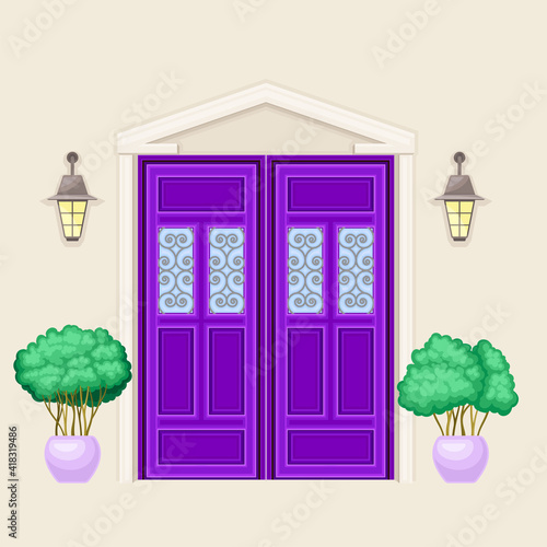 Facade of Front Double Door with Window Ornate Decorated with Cachepot and Light Vector Illustration