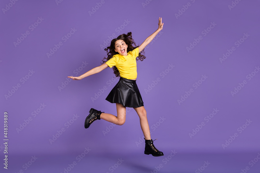 Full size profile photo of nice optimistic brunette hairdo girl jump wear t-shirt skirt shoes isolated on lilac background