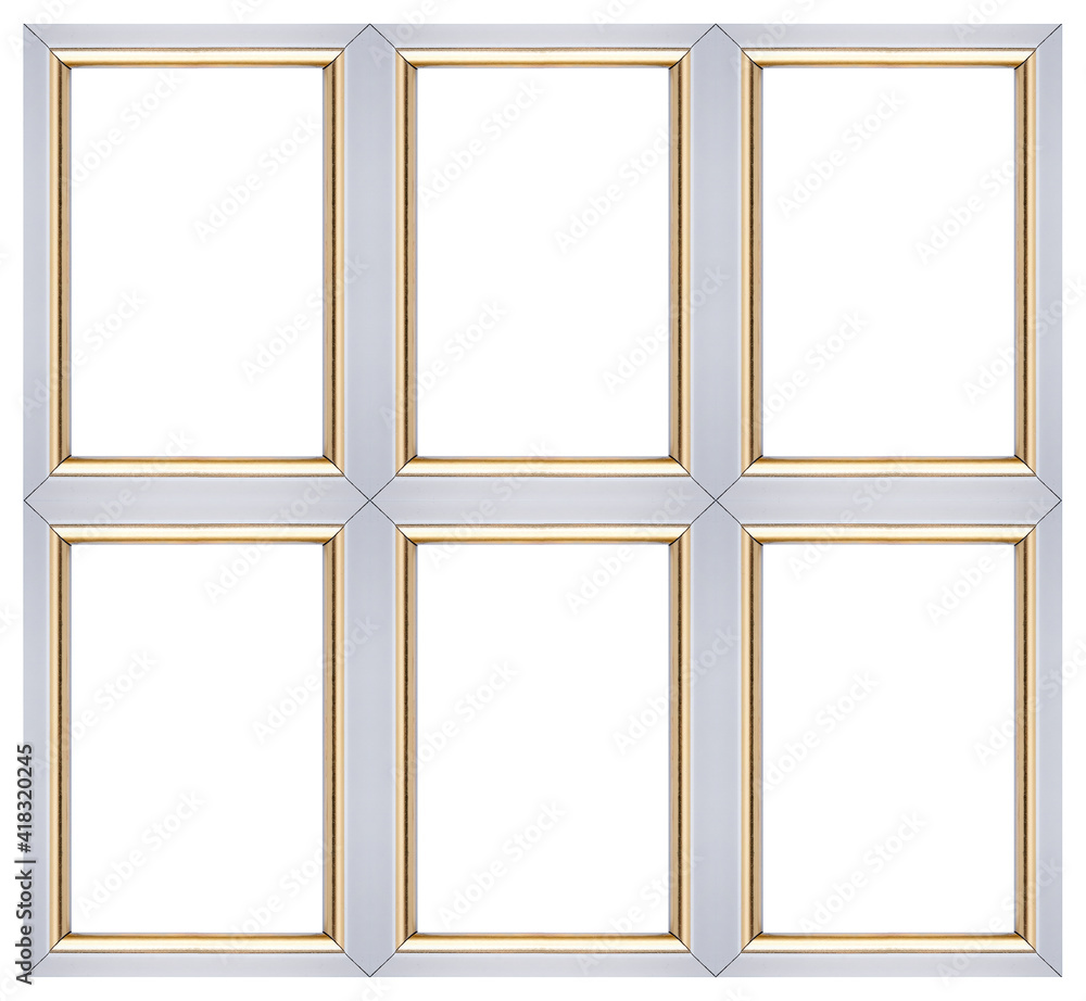 Wooden multi-frame for paintings, mirrors or photos isolated on white background. Design element with clipping path Wooden multi-frame for paintings, mirrors or photos isolated on white background. Design element with clipping path