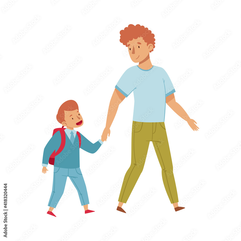 Young Male Dad Walking with His Son Vector Illustration