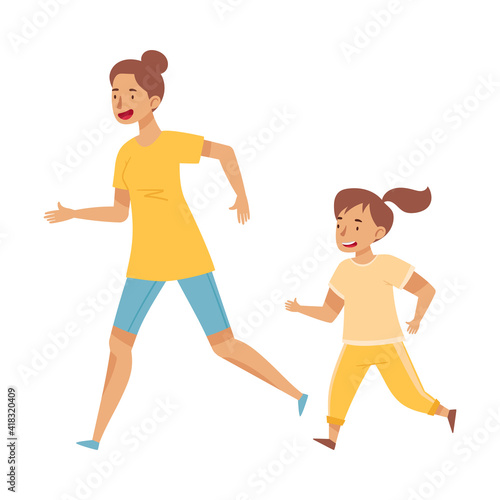 Young Female Mom Running with Her Daughter Vector Illustration