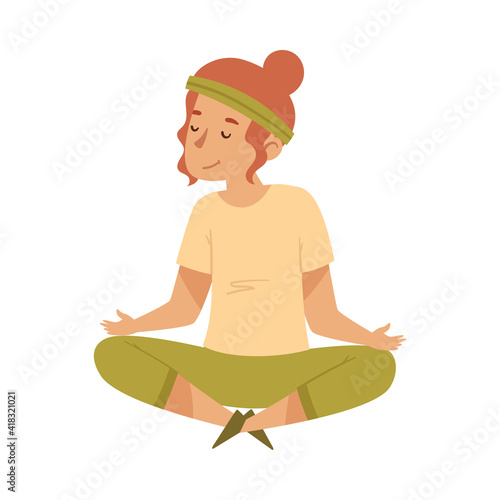 Girl with Closed Eyes and Crossed Legs Sitting in Lotus Position Practising Yoga Vector Illustration