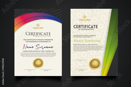 certificate template with Luxury realistic texture pattern and dynamic shapes composition gradient colors,diploma,Vector illustration