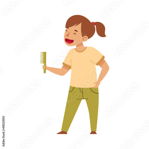 Smiling Girl Standing with Comb Grooming Vector Illustration