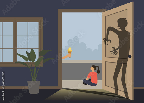 Little girl is looking at man, who gives her ice cream. Big scary dark shadow wants to hurt little girl. Dangerous situation for children. Don't speak to a stranger and pedophilia problem concept.