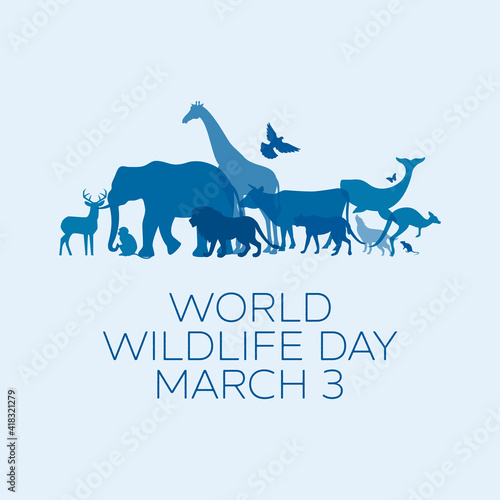 World Wildlife Day Poster with blue silhouettes of wild animals icon vector. Wild animals silhouette set. Environmental icon vector. Group of animals icon. Wildlife Day Poster, March 3. Important day
