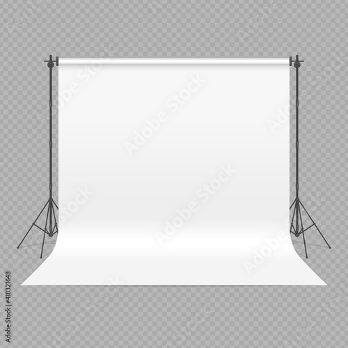 Empty photo studio concept. 3D template mock up in realistic style isolated on transparent background. Backdrop stand with white paper. Art Studio interior. Vector illustration EPS10.