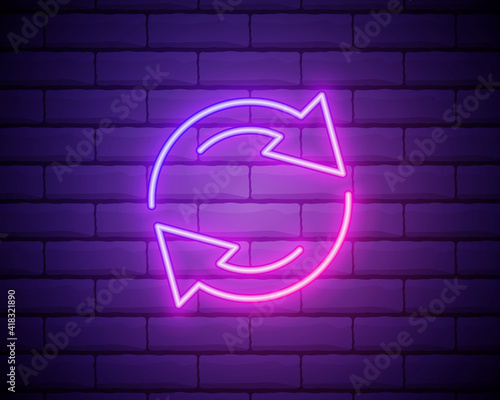Glowing neon Refresh icon isolated on brick wall background. Reload symbol. Rotation arrows in a circle sign. Vector Illustration