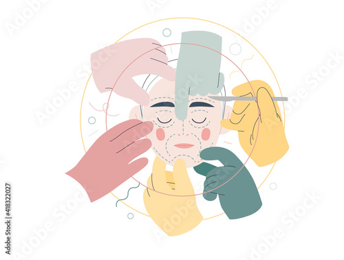 Medical insurance -cosmetic, plastic, aesthetic surgery -modern flat vector concept digital illustration -surgical cosmetic procedure metahor -female face, dotted lines, hands wearing surgical gloves