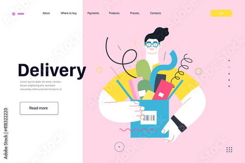 Discounts, sale, promotion - online shopping web template - modern flat vector concept illustration of a young man holding a box full of goods. Delivery and online orders concept. Delivery caption