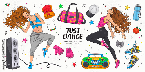 Hand drawn sketch dance studio set. Vector illustration of happy young dancing women