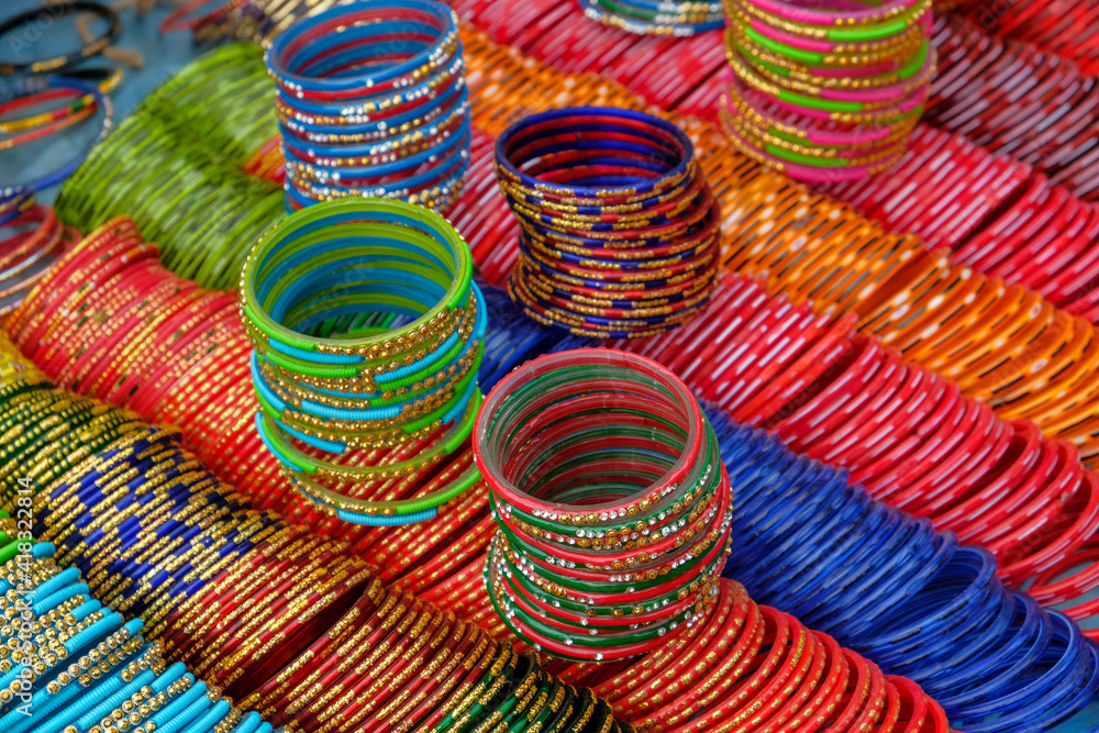 Bracelets at a market stall in Kunduli, Odisha, India.