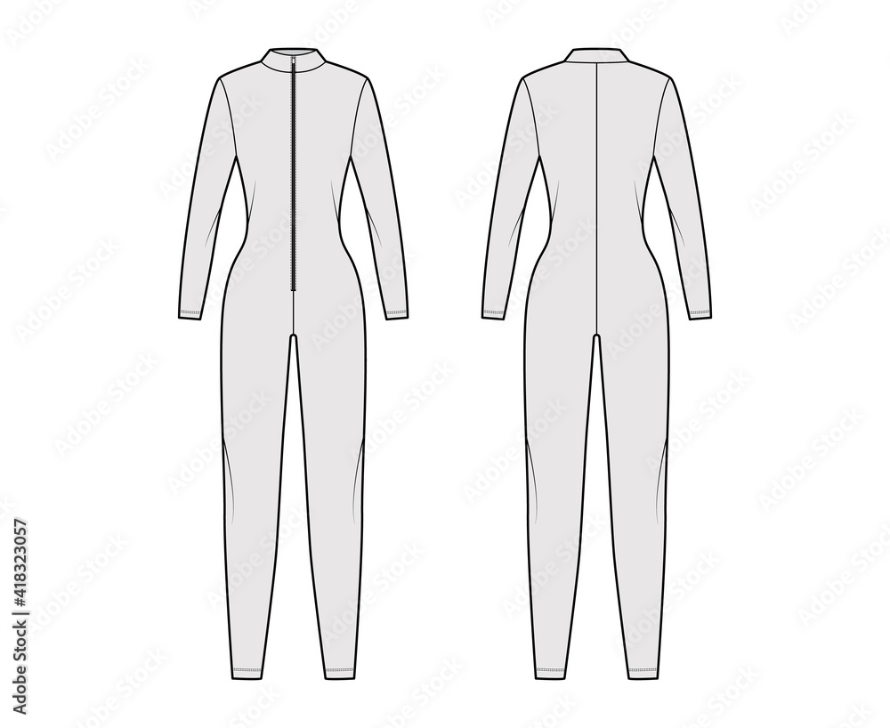 Catcuit Dungaree overall technical fashion illustration with full length, zipper closure, fitted body, long sleeves. Flat apparel garment front back, grey color style. Women, men unisex CAD mockup Catcuit Dungaree overall technical fashion illustration with full length, zipper closure, fitted body, long sleeves. Flat apparel garment front back, grey color style. Women, men unisex CAD mockup