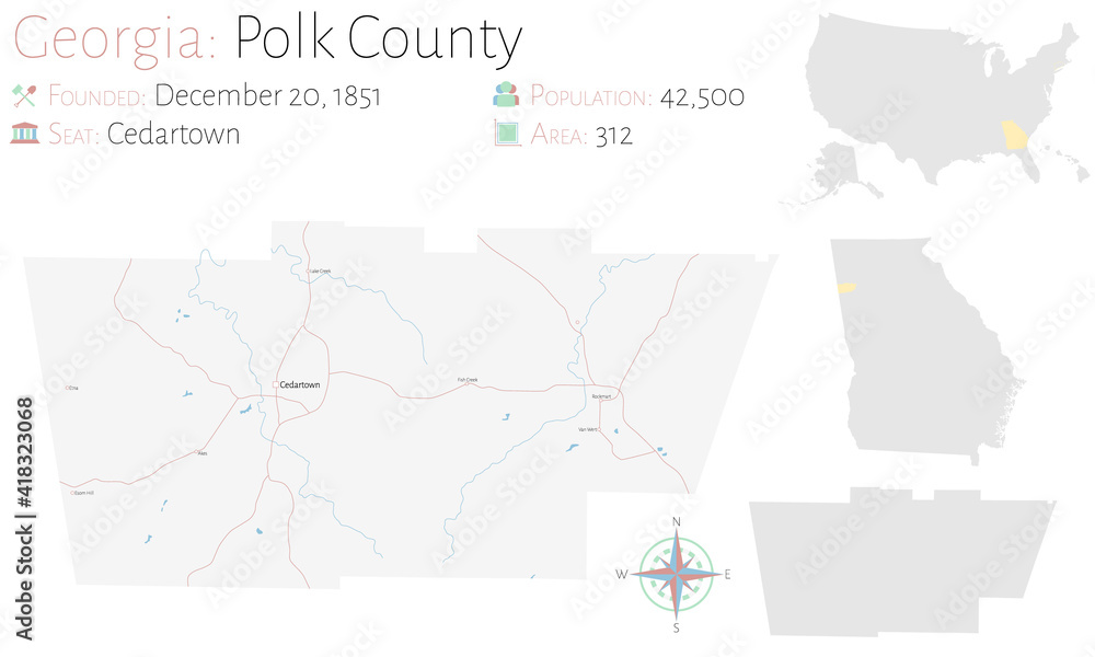 Large and detailed map of Polk county in Georgia, USA.