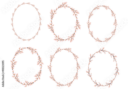 Collection of Easter willow wreaths. Oval wreath of willow stems.Vector illustration. Design for invitations, postcards, and printing.
