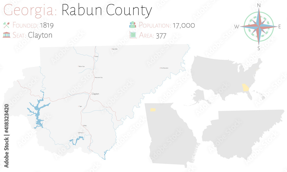 Large and detailed map of Rabun county in Georgia, USA.