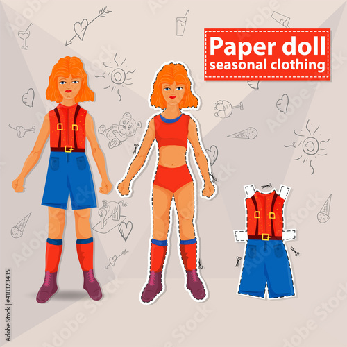 Paper doll illustration for creating a toy for cutting vector Isolated from the background layout of a teenage girl and a T-shirt and blue shortst