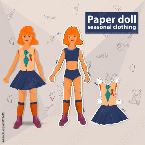 Paper doll illustration for creating a toy for cutting vector Isolated from the background layout of a teenage girl and in a yellow tank top and blue skirt