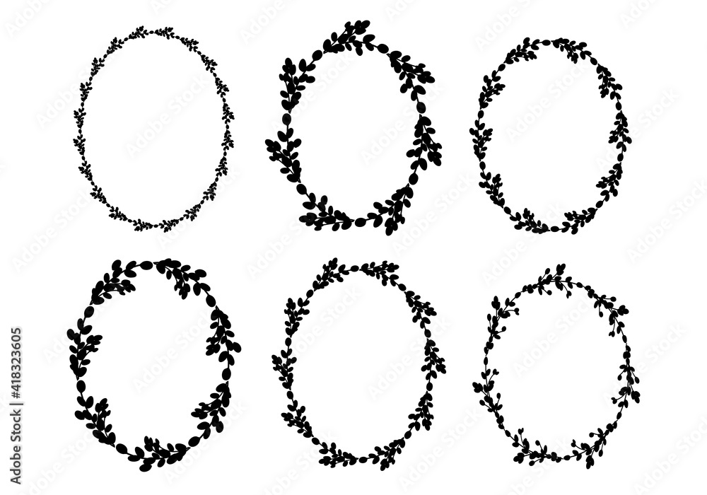 Fototapeta premium Set of Easter willow wreaths.Oval floral wreath. Oval frame black silhouette. Vector illustration. Design for Easter, Weddings, invitations, printing