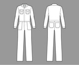 Workers jumpsuit overall technical fashion illustration with full length, normal waist, flap square pockets, hide placket closure. Flat front back, white color style. Women, men unisex CAD mockup