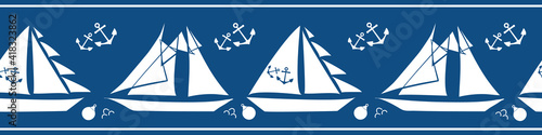 Boats, anchors, buoys vector seamless border. Navy blue white banner with yachts and sailing equipment tools and striped edges. Duotone marine nautical summer concept design. For ribbon, trim edging
