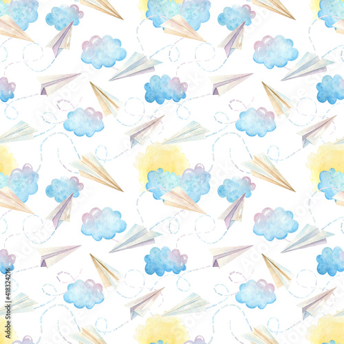 Hand-drawn seamless watercolor pattern. Light background with paper planes  clouds  sun for decorations  design  textiles  fabrics  wallpapers  scrapbooking  cards  wrapping paper.